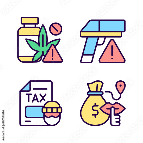 Illegal transportation RGB color icons set. Drugs and armament trading. Smuggling and contraband. Isolated vector illustrations. Simple filled line drawings collection. Editable stroke. Pixel perfect