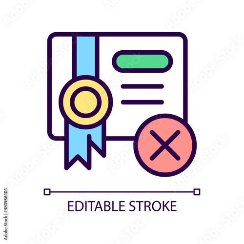 Submission decline RGB color icon. Rejected document. Trading without permit. Illegal sales. Isolated vector illustration. Simple filled line drawing. Editable stroke. Pixel perfect. Arial font used