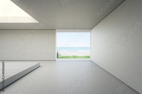 Empty white wall on concrete floor in modern beach house or apartment. Home interior 3d rendering of bright living room with sea view background.