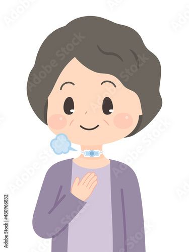 気管カニューレを装着した高齢女性のイラスト_呼吸