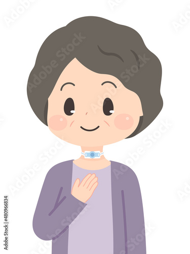 気管カニューレを装着した高齢女性のイラスト_カフなし