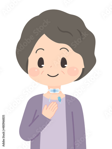 気管カニューレを装着した高齢女性のイラスト_カフ付きカニューレ