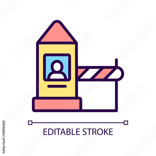 Land border checkpoint RGB color icon. Inspection and control. Crossing country border. Isolated vector illustration. Simple filled line drawing. Editable stroke. Pixel perfect. Arial font used