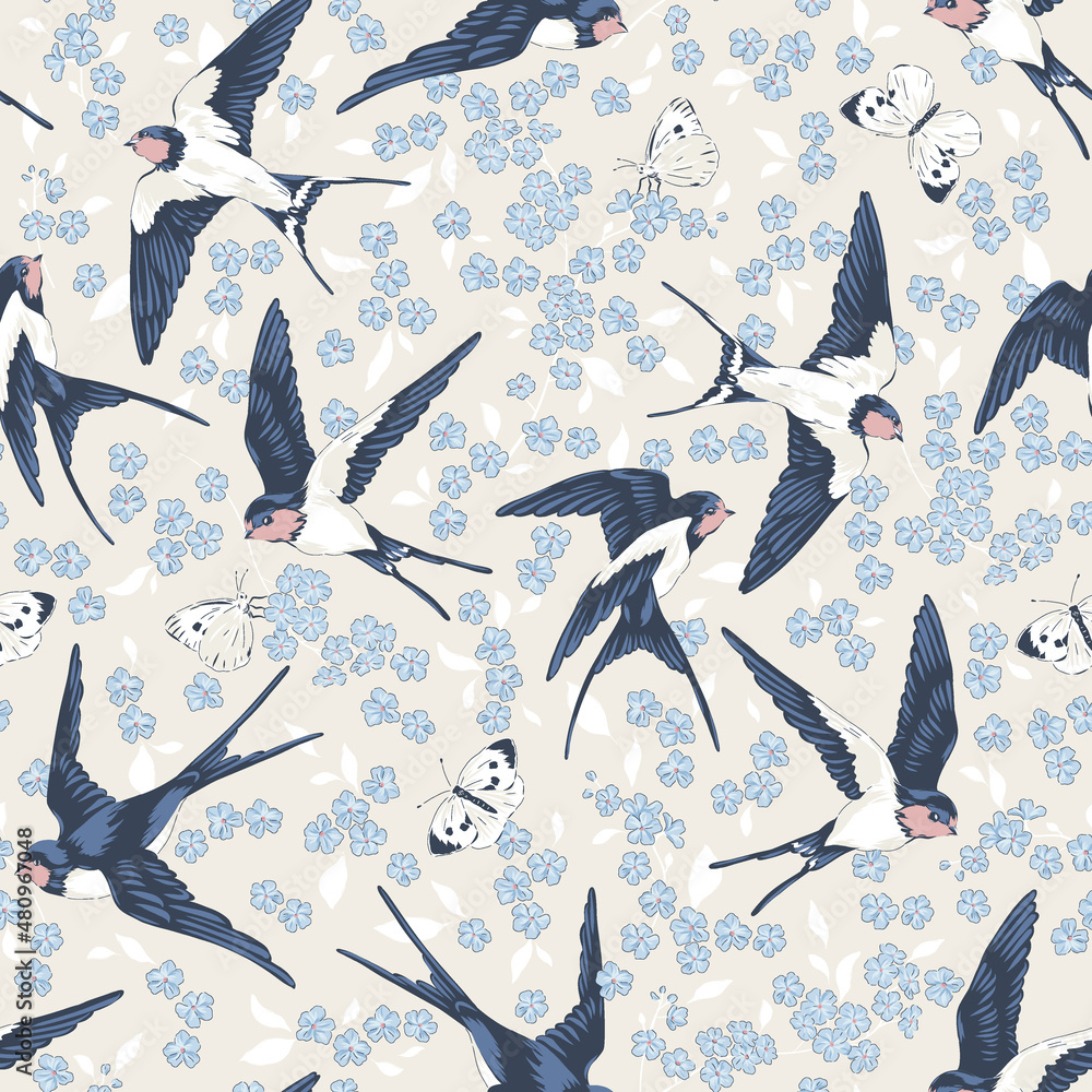 Barn Swallow bird fly with forget-me-not flowers and butterflies vector seamless pattern. Vintage romantic nature hand drawn print. Cottage core aesthetic background.
