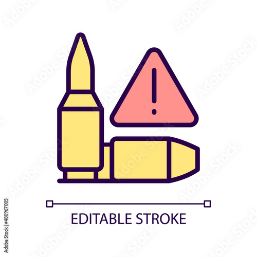 Ammunition smuggling RGB color icon. Gunrunning. Bullets illegal trade. Black market. Isolated vector illustration. Simple filled line drawing. Editable stroke. Pixel perfect. Arial font used