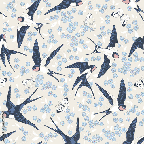 Barn Swallow bird fly with forget-me-not flowers and butterflies vector seamless pattern. Vintage romantic nature hand drawn print. Cottage core aesthetic background.