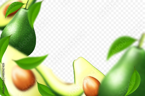 Realistic tropical background with exotic avocado fruit. Healthy food illustration. Slices of avocado isolated on the white. Organic, vegan, raw food. 3d vector illustration