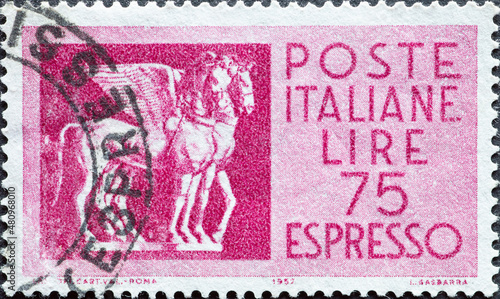 Italy - circa 1958: a postage stamp from Italy showing the Etruscan Winged Horses