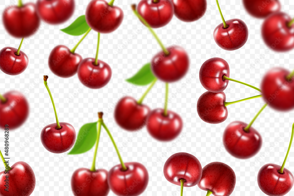 Flying red cherry background. Realistic 3d quality vector. Collection set of Cherries isolated on a white background Flying red cherry background. Realistic 3d quality vector. Collection set of Cherries isolated on a white background