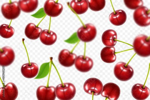 Flying red cherry background. Realistic 3d quality vector. Collection set of Cherries isolated on a white background