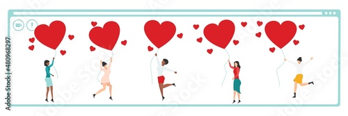 Online greetings on Valentine's Day. Group of smiling people holding hearts. Love. Vector of love and volunteering.