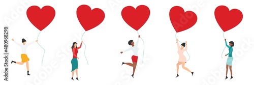 Online greetings on Valentine's Day. Group of smiling people holding hearts. Love. Vector of love and volunteering.