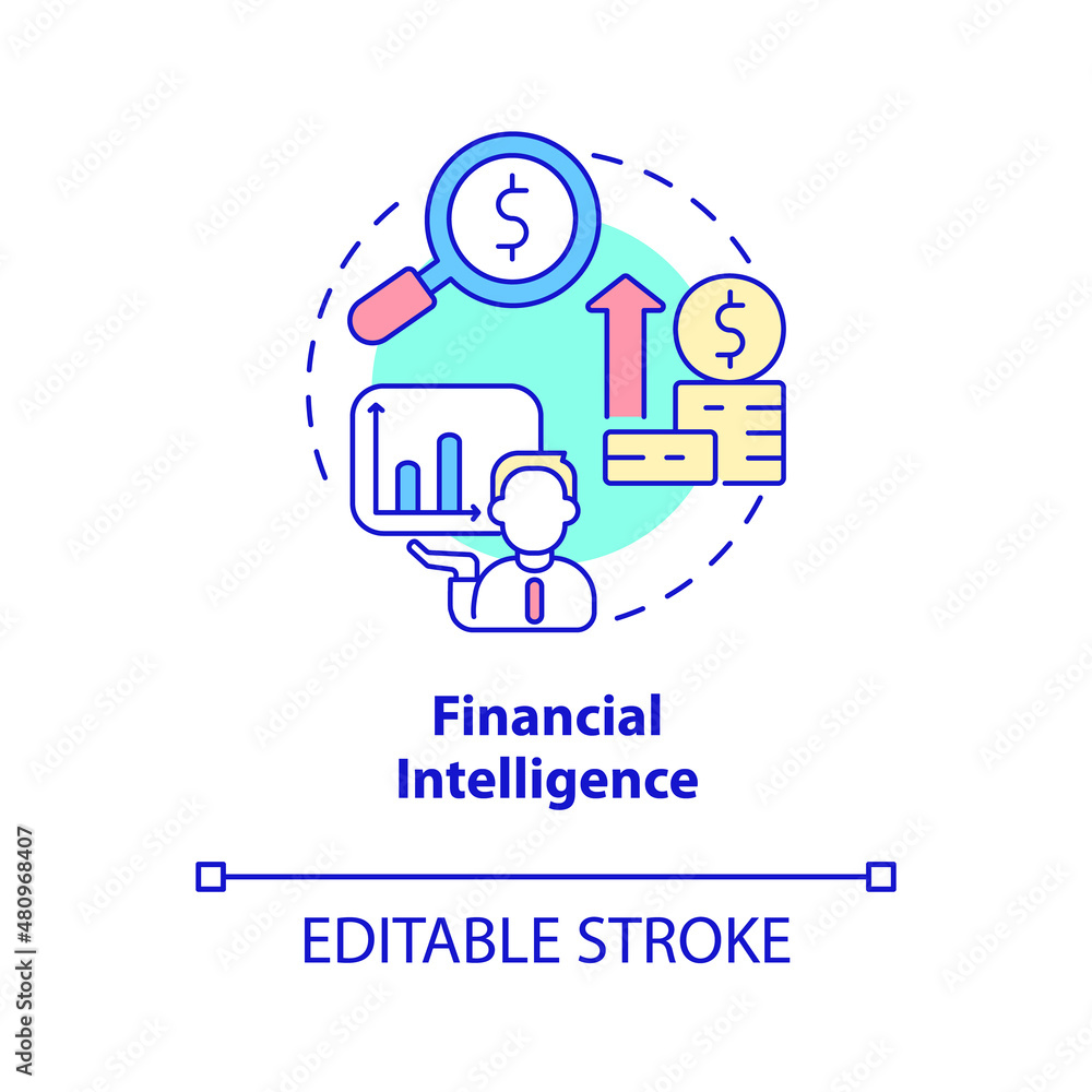 Financial intelligence concept icon. Business management skills abstract idea thin line illustration. Isolated outline drawing. Editable stroke. Roboto-Medium, Myriad Pro-Bold fonts used