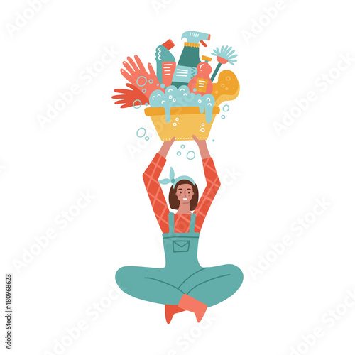 Young girl with tools for cleaning sit on floor. Spring cleaning hand drawn isolated character. Female cleaner in uniform holding a basin of domestic tools over her head. . Flat vector illustration.