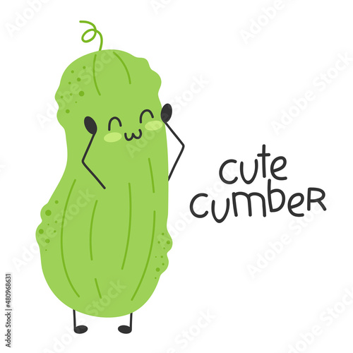Fototapeta Naklejka Na Ścianę i Meble -  Cucumber vegetable cartoon cute character. Cute cumber. Funny kawaii art.