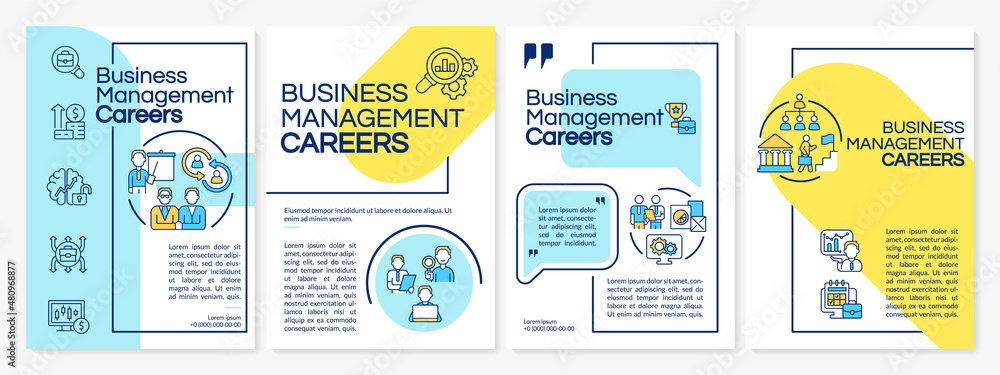 Naklejka premium Business management careers blue and yellow brochure template. Booklet print design with linear icons. Vector layouts for presentation, annual reports, ads. Questrial, Lato-Regular fonts used