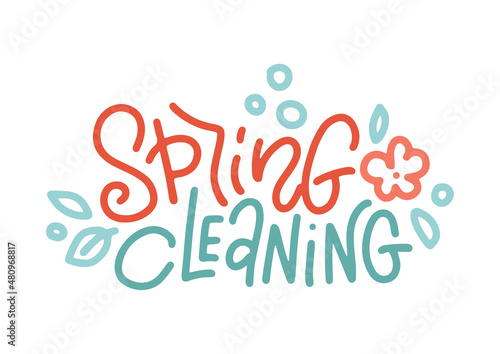 Trendy lettering illustration of Spring cleaning. Funny calligraphy letters with flower, leaves and bubble. Concept for cleaning service, house work. Vector linear illustration for banner, sticker.