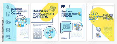 Business management careers blue and yellow brochure template. Booklet print design with linear icons. Vector layouts for presentation, annual reports, ads. Questrial, Lato-Regular fonts used