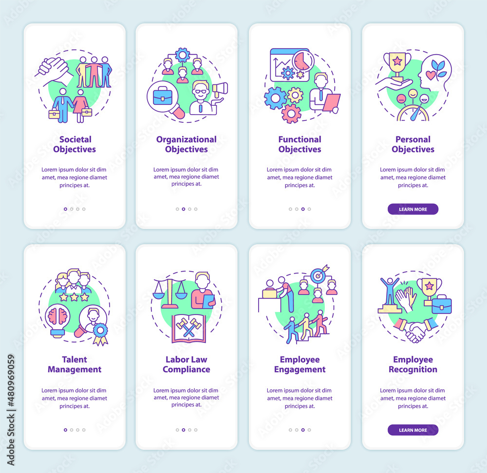 HR and business management onboarding mobile app screen set. Walkthrough 4 steps graphic instructions pages with linear concepts. UI, UX, GUI template. Myriad Pro-Bold, Regular fonts used