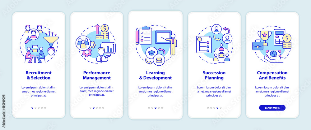 HR management basics onboarding mobile app screen. Recruitment process walkthrough 5 steps graphic instructions pages with linear concepts. UI, UX, GUI template. Myriad Pro-Bold, Regular fonts used