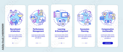 HR management basics onboarding mobile app screen. Recruitment process walkthrough 5 steps graphic instructions pages with linear concepts. UI, UX, GUI template. Myriad Pro-Bold, Regular fonts used