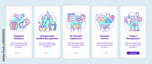 Skills for human resources manager onboarding mobile app screen. Walkthrough 5 steps graphic instructions pages with linear concepts. UI, UX, GUI template. Myriad Pro-Bold, Regular fonts used