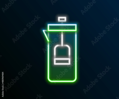 Glowing neon line French press icon isolated on black background. Colorful outline concept. Vector