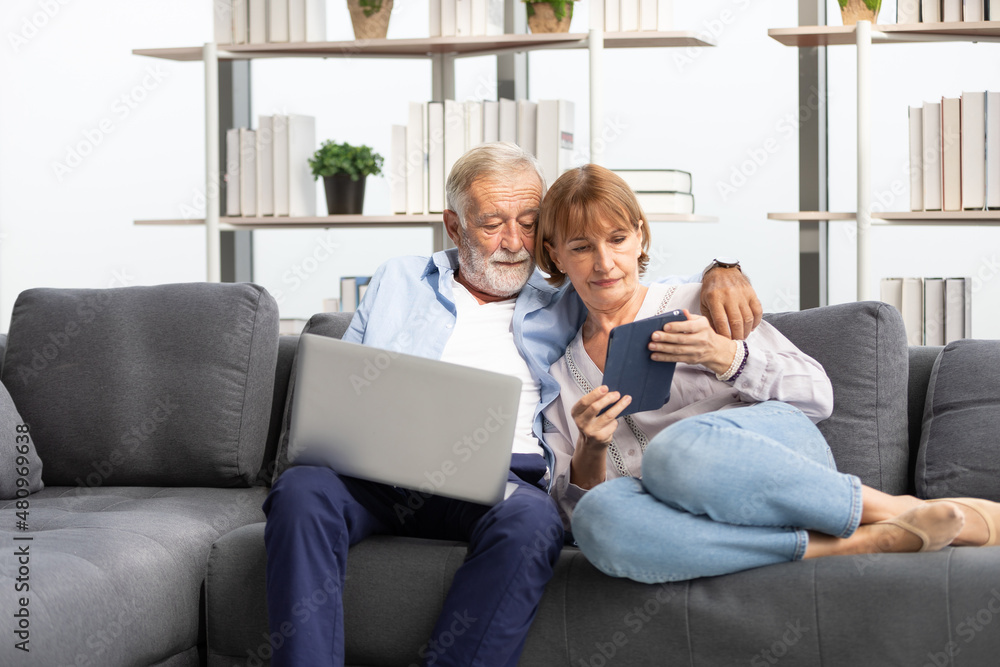 senior couple using laptop computer and tablet on sofa