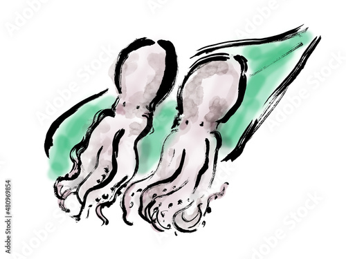 飯ダコ　生　和風手描き筆描きイラスト素材
