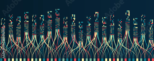 Big data visualization. A dynamic array of information. Data sorting process. Big data stream futuristic infographics. File structuring, machine learning.