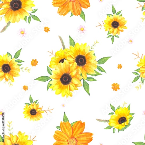 Watercolor sunflowers seamless pattern.