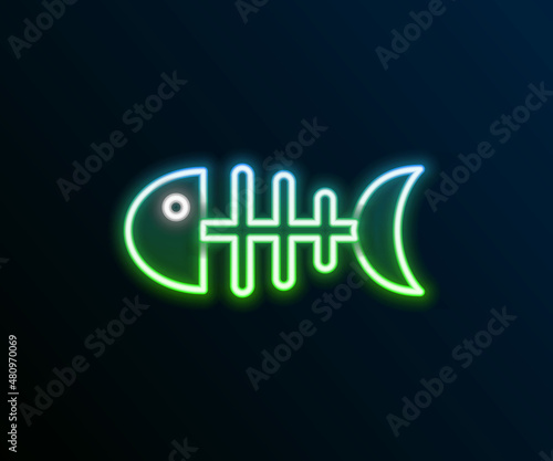 Glowing neon line Fish skeleton icon isolated on black background. Fish bone sign. Colorful outline concept. Vector