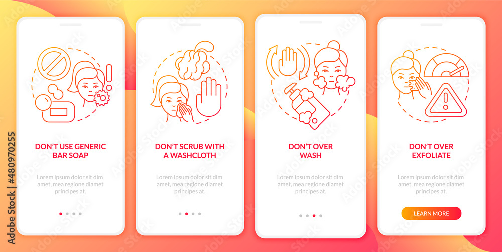 Skincare donts red gradient onboarding mobile app screen. Best care walkthrough 4 steps graphic instructions pages with linear concepts. UI, UX, GUI template. Myriad Pro-Bold, Regular fonts used