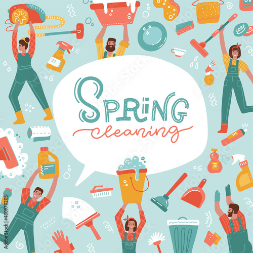 Spring cleaning banner. Service of Professional Cleaners. Characters in Uniform with Cleaning Equipment, Mopping, Vacuuming, Rub. Flat hand drawn Vector hand drawn Illustration with lettering text.