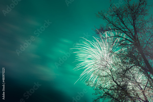 Green fireworks in the sky of Moscow