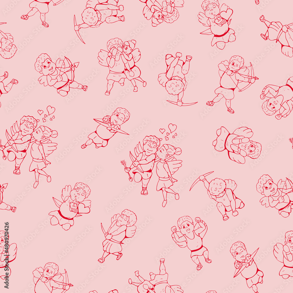 Vector pink seamless pattern with cupids. Delicate endless background for Valentines day. Cute fashion love print Vector pink seamless pattern with cupids. Delicate endless background for Valentines day. Cute fashion love print