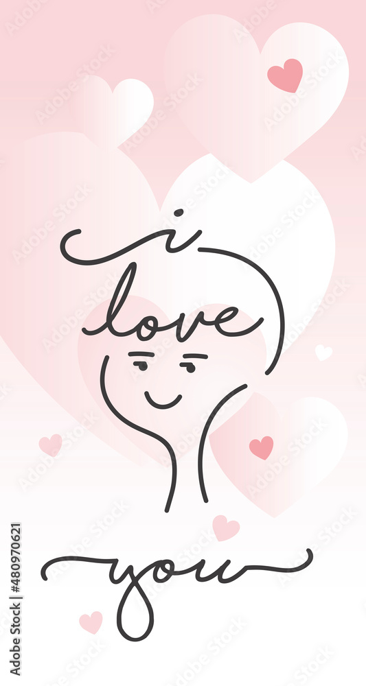 I love you handwritten typography inside cute line design in love boy face heart with some pink hearts greetings for banner social media mobile background image and poster Valentine's day I love you handwritten typography inside cute line design in love boy face heart with some pink hearts greetings for banner social media mobile background image and poster Valentine's day