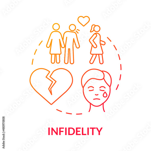 Infidelity red gradient concept icon. Cheating partner in relationship. Divorce reason abstract idea thin line illustration. Isolated outline drawing. Roboto-Medium, Myriad Pro-Bold fonts used