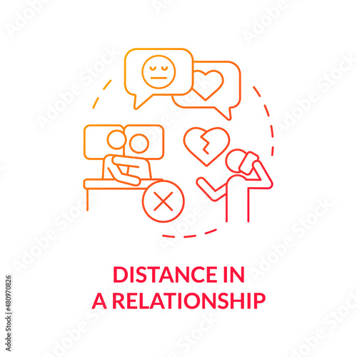 Fototapeta Naklejka Na Ścianę i Meble -  Distance in relationship red gradient concept icon. Communication problem. Divorce reason abstract idea thin line illustration. Isolated outline drawing. Roboto-Medium, Myriad Pro-Bold fonts used