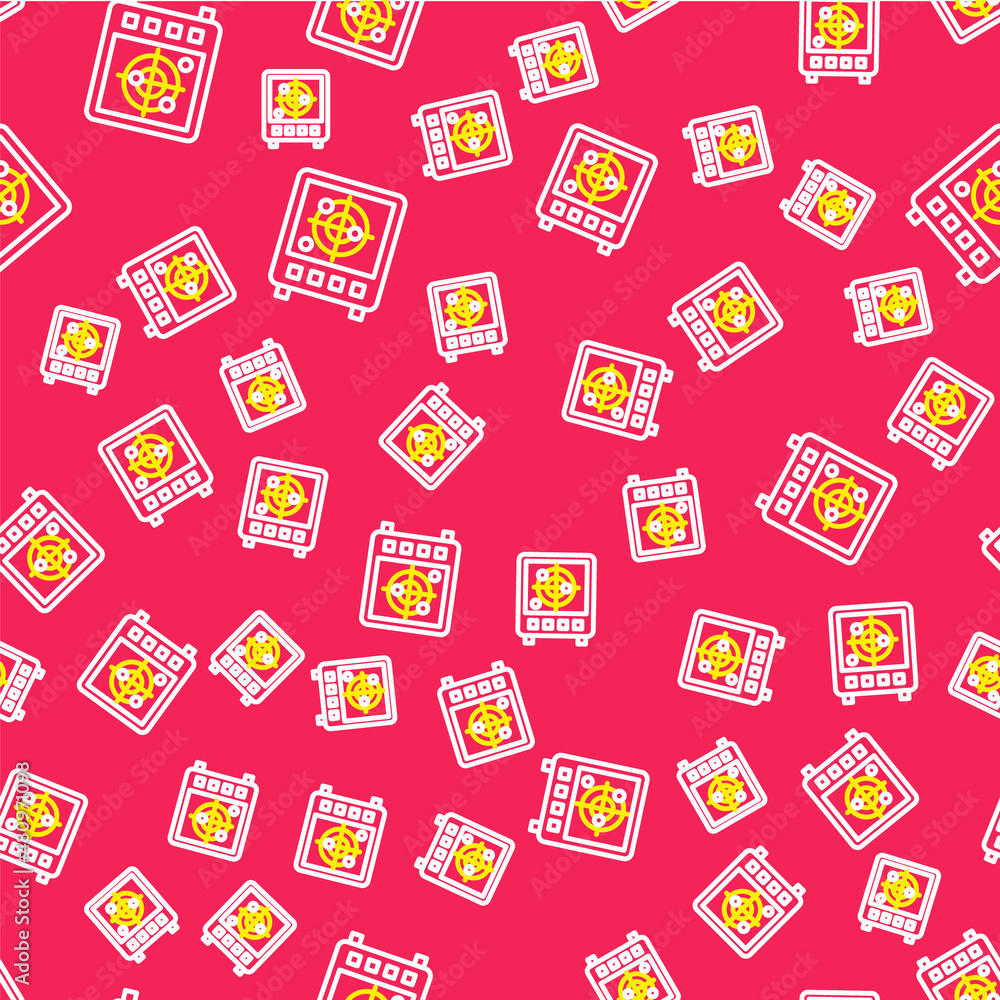 Line Radar with targets on monitor in searching icon isolated seamless pattern on red background. Search system. Navy sonar. Vector Line Radar with targets on monitor in searching icon isolated seamless pattern on red background. Search system. Navy sonar. Vector
