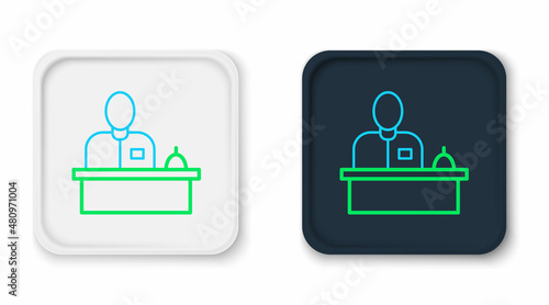 Line Receptionist standing at hotel reception desk icon isolated on white background. Colorful outline concept. Vector