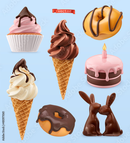 Sweet food 3d vector realistic render. Vanilla and chocolate ice cream, cupcake, cake, donut, chocolate rabbits