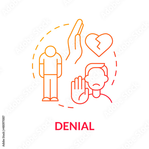 Denial red gradient concept icon. Disagree with relationship ending. Stage of divorce abstract idea thin line illustration. Isolated outline drawing. Roboto-Medium, Myriad Pro-Bold fonts used