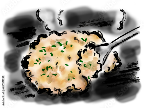 もんじゃ焼き　和風手描き筆描きイラスト素材