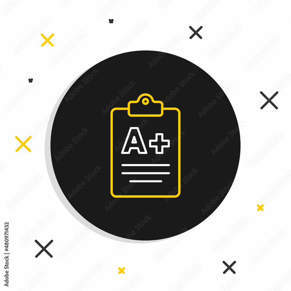 Naklejka premium Line Exam sheet with A plus grade icon isolated on white background. Test paper, exam, or survey concept. School test or exam. Colorful outline concept. Vector