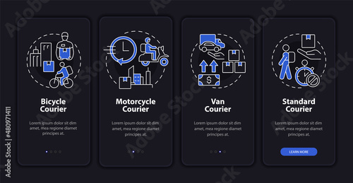 Courier business night theme onboarding mobile app screen. Delivering walkthrough 4 steps graphic instructions pages with linear concepts. UI, UX, GUI template. Myriad Pro-Bold, Regular fonts used