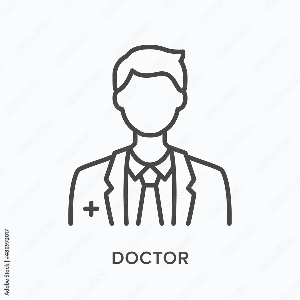 Doctor flat line icon. Vector outline illustration of medical person. Black thin linear pictogram for hospital specialist Doctor flat line icon. Vector outline illustration of medical person. Black thin linear pictogram for hospital specialist