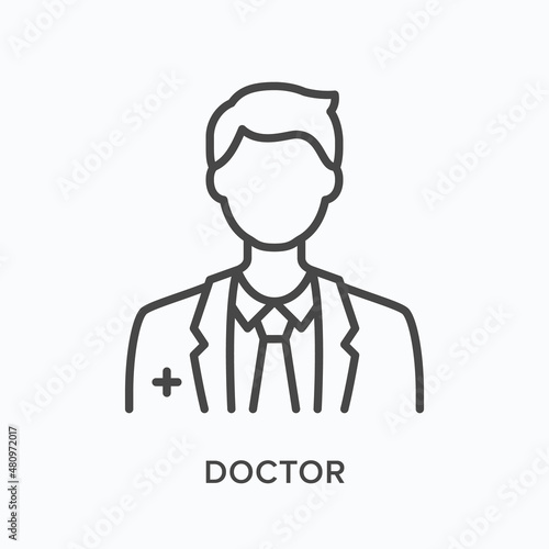 Doctor flat line icon. Vector outline illustration of medical person. Black thin linear pictogram for hospital specialist