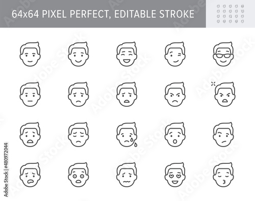 Emoticons line icons. Vector illustration include icon - mental health, worry, laugh, disappointed mood, confused outline pictogram for man character expression. 64x64 Pixel Perfect, Editable Stroke