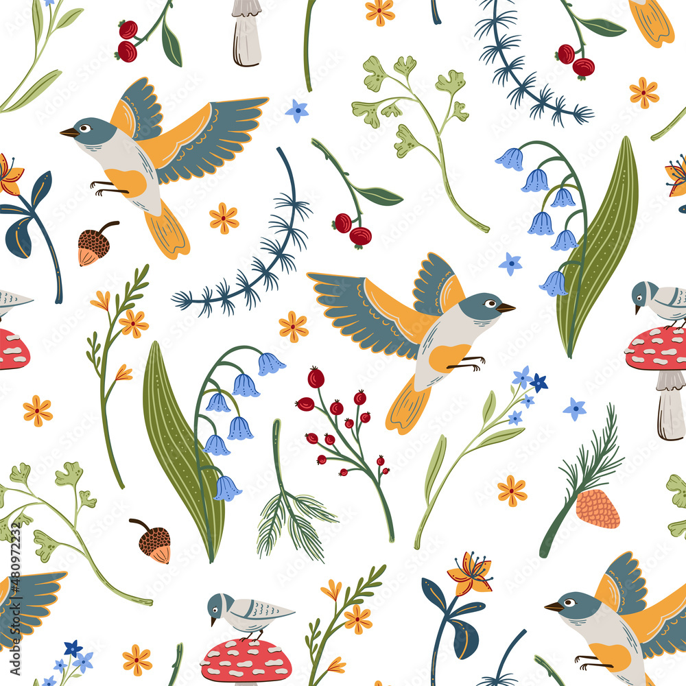 Fototapeta premium Woodland birds vector seamless pattern. Forest flora and birds background on white